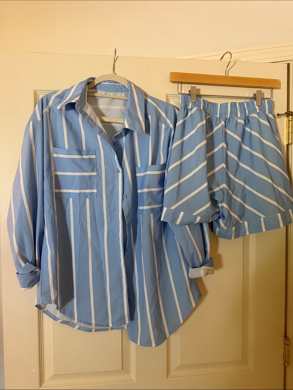Blue & White Striped Summer set - Button-Up Top & Elastic Waist Shorts